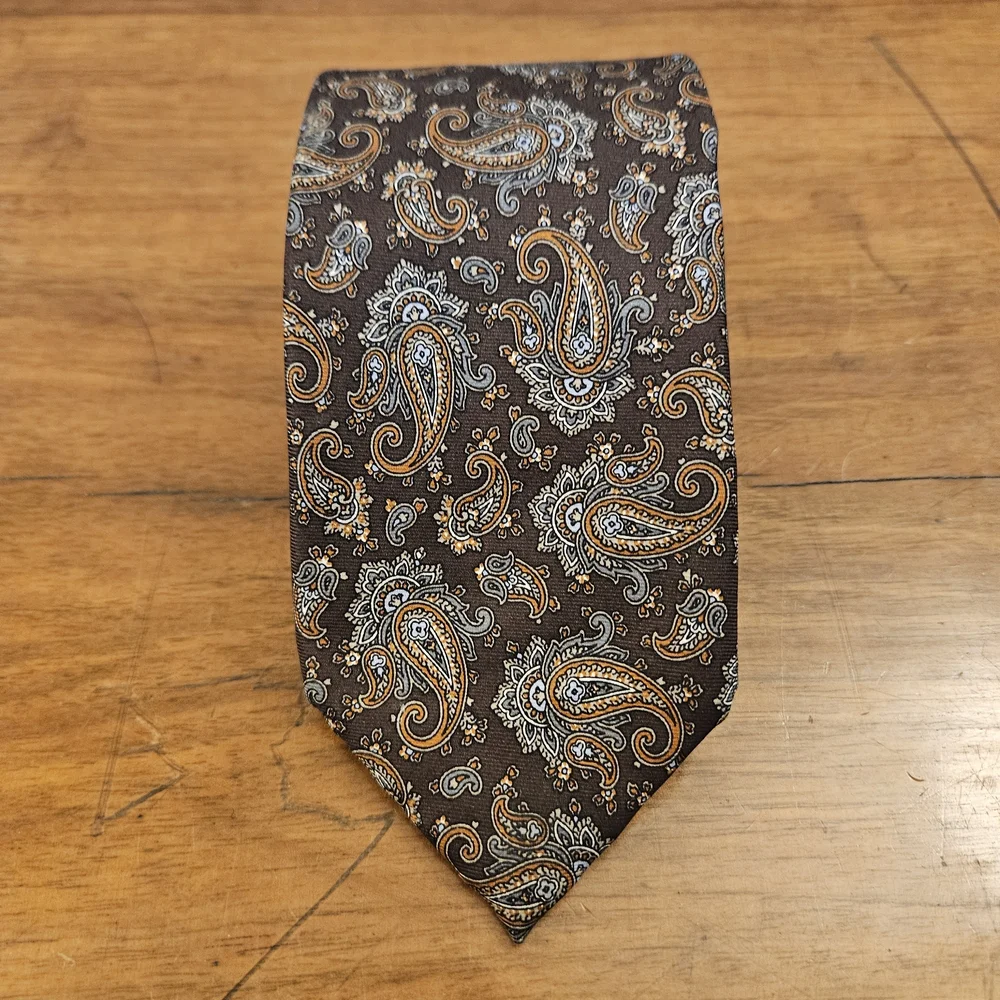 Oscar de la Renta Silk Tie Brown Orange Blue/Gray Paisley 100% Silk Men's Formal